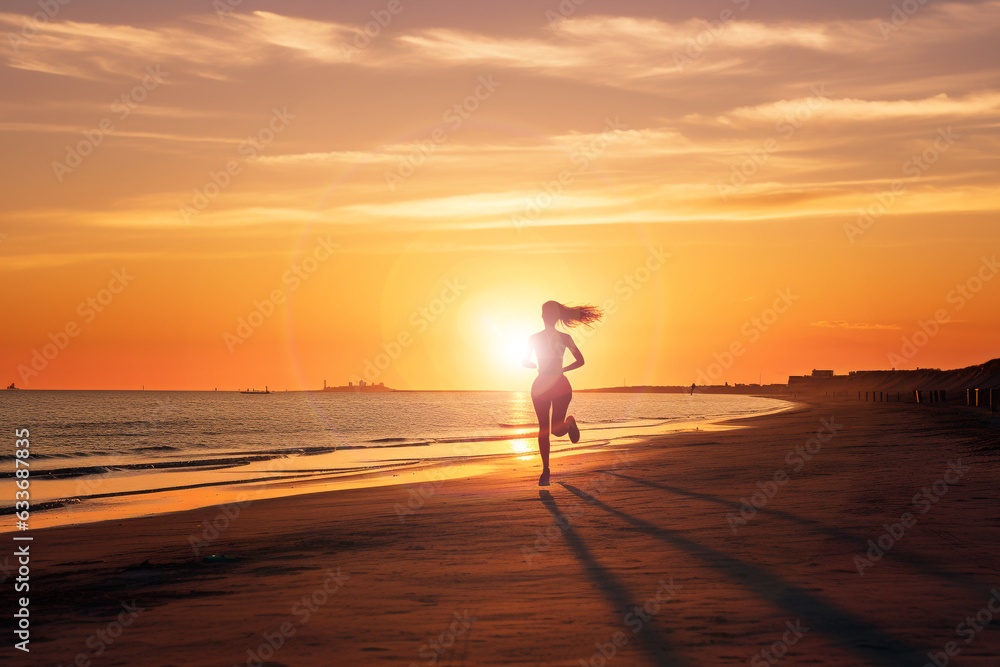 Woman jogging on the beach in evening. Generated ai