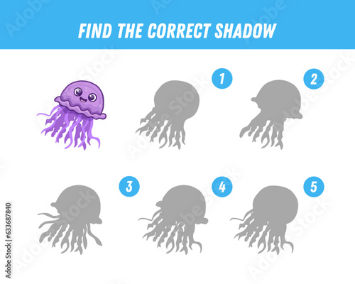 Find correct shadow of cute jellyfish. Educational logical game for kids. Cartoon jellyfish. Vector illustration