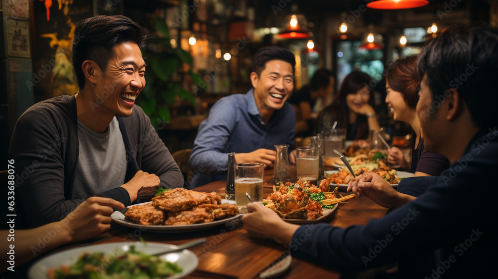 Group of asian people take dinner. Generative Ai