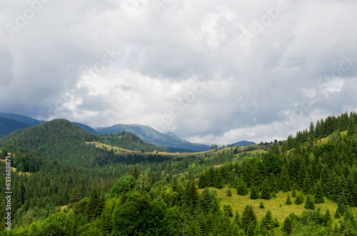 Beautiful landscape from a height. Typical Carpathian village in a valley, forest and mountains under cloudy sky.