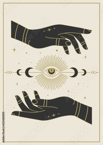 Witchcraft hands holding eye tarot postcard illustration