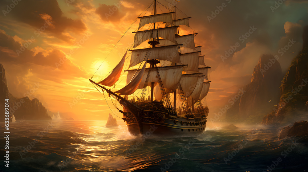 Obraz premium Ship sailing on the sea at the dusk 
