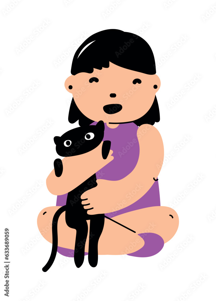 Happy girl holding a kitten in her hands. Favorite pet. Black cat with owner. Cartoon vector illustration in flat graphic style. Concept illustration for postcard banner. Happy girl holding a kitten in her hands. Favorite pet. Black cat with owner. Cartoon vector illustration in flat graphic style. Concept illustration for postcard banner.