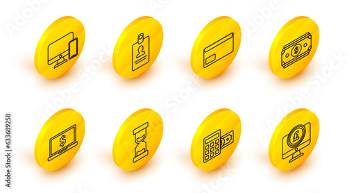 Set line Computer monitor with pound sterling symbol, Calculator dollar, Old hourglass flowing sand, Laptop, Stacks paper money cash, Envelope, Identification badge and mobile phone icon. Vector
