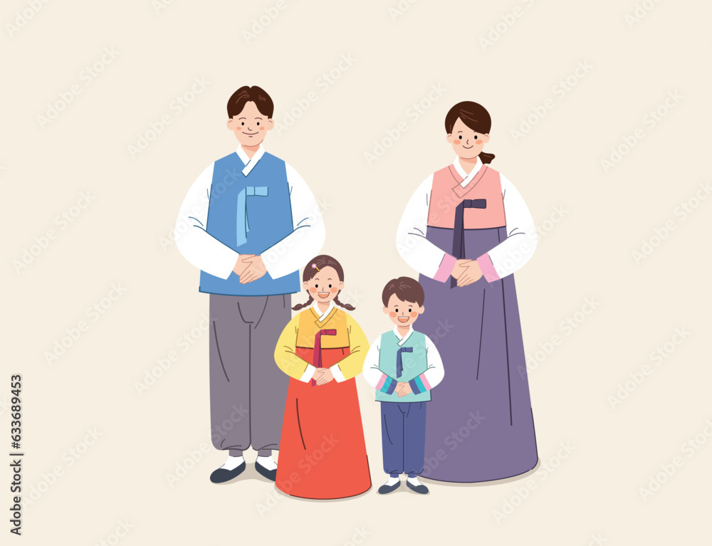 Korean family standing together wearing traditional hanbok. Korean family standing together wearing traditional hanbok.