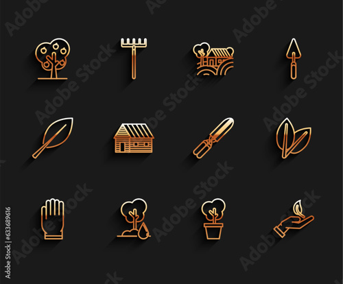 Set line Garden gloves, Watering Tree, with apple, pot, Sprout hand of environmental protection, Farm house, Leafs and Gardening handmade scissors for trimming icon. Vector