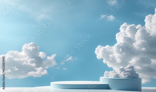 3D rendering of display white color podium for branding and product presentation on pedestal display clouds background.
