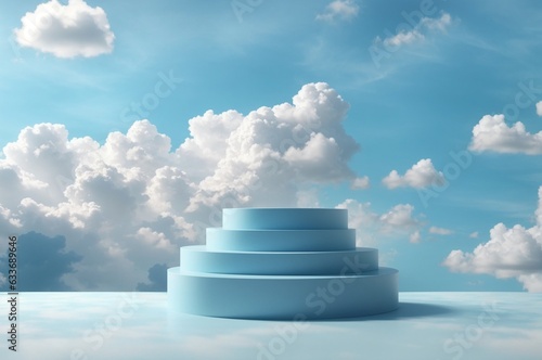 3D rendering of display sky blue color podium for branding and product presentation on pedestal display clouds background. © Viewvie