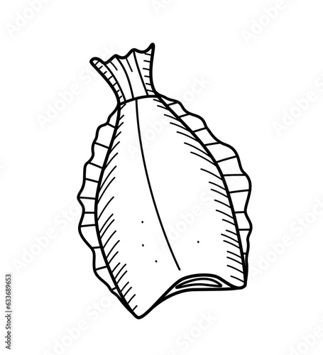Halibut drawing doodle sketch of a headless fish. Flounder vector illustration of raw or dried fish, seafood.