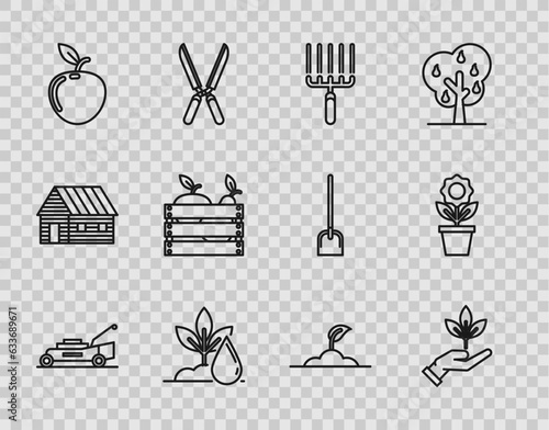 Set line Lawn mower, Plant in hand of environmental protection, Garden rake work, Watering plant, Apple, Wooden box for fruits vegetables, Sprout and Flower pot icon. Vector