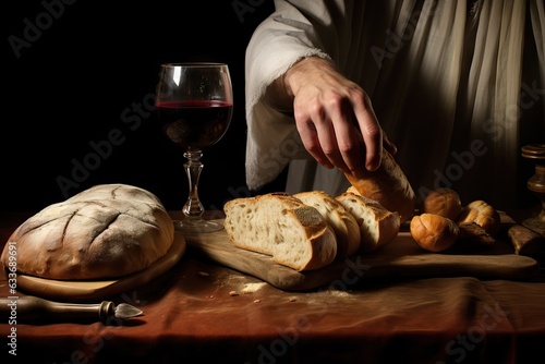 Ritual of Remembrance: The Last Supper's Spiritual Resonance Embodied in a Table Set with Bread and Wine, Central Figure's Hands Breaking Bread Generative AI 