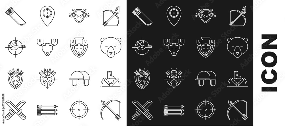 Set line Bow and arrow in quiver, Trap hunting, Bear head, Deer antlers on shield, Moose with horns, Hunt duck crosshairs, Quiver arrows and icon. Vector
