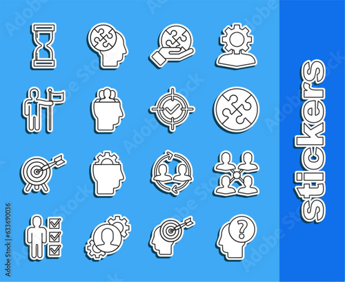 Set line Human head with question mark, Project team base, Piece of puzzle, in hand, Man holding flag, Old hourglass flowing sand and Target check icon. Vector