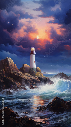 Lighthouse In the middle of the sea. Lighthouse on the seashore. Lighthouse on the rocky coast. Lighthouse on the rocks. Night. Blue Starry sky. Sea waves. Calm sea. Seascape. Landscape. Vector art photo