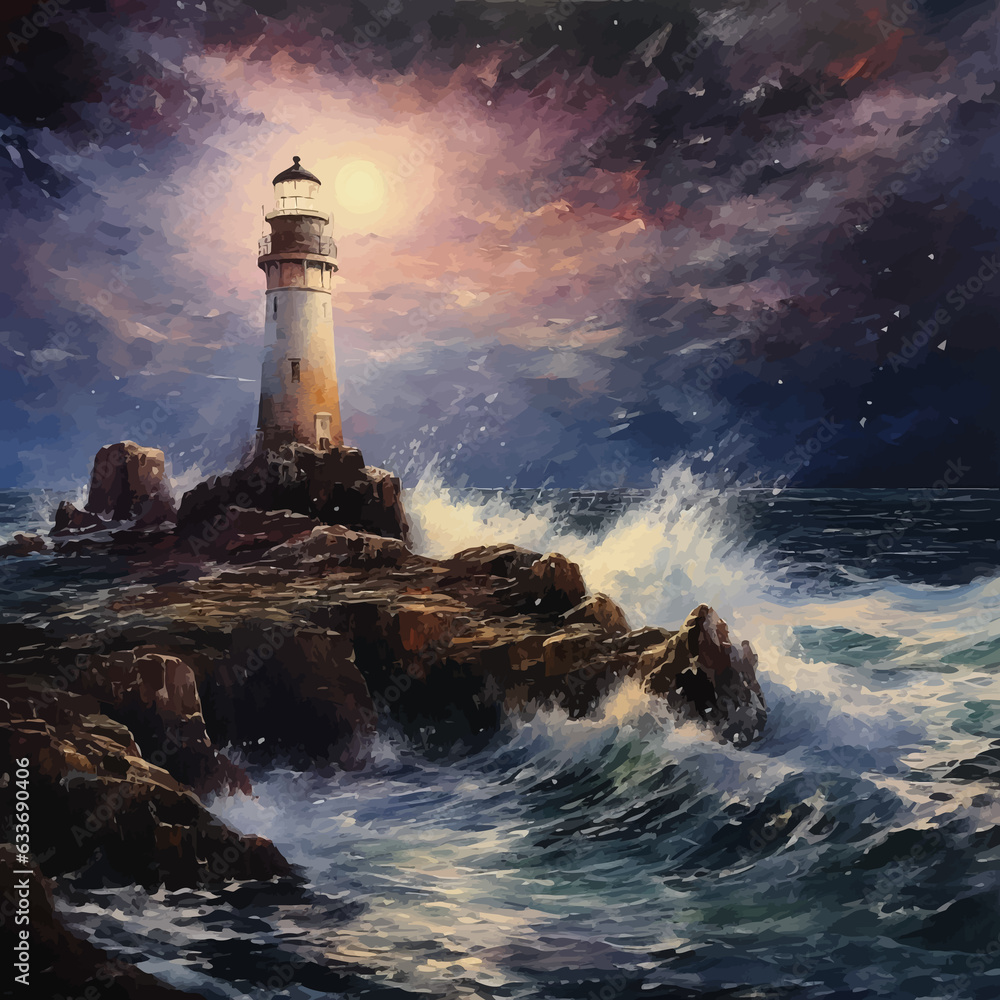 Lighthouse In the middle of the sea. Lighthouse on the seashore. Lighthouse on the rocky coast. Lighthouse on the rocks. Night. Blue Starry sky. Sea waves. Calm sea. Seascape. Landscape. Vector art