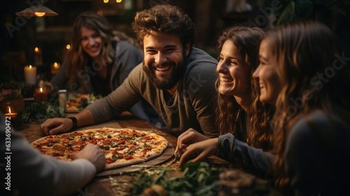 Group of people eating pizza. Generative Ai