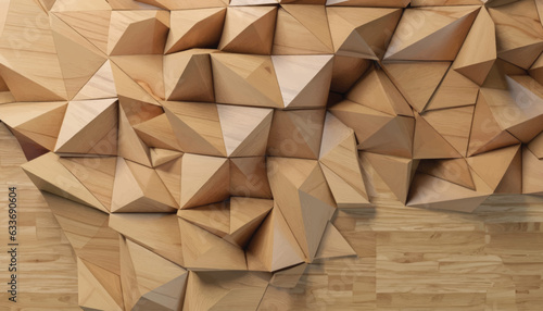 Fototapeta Naklejka Na Ścianę i Meble -  3d illustration. Wooden triangles on a background of wood. Abstract low poly background. Polygonal shapes background, low poly triangles, geometric shape with wood texture render vector, illustration
