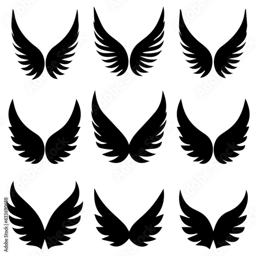 Set of hand drawn bird or angel wings of different shape in open position. Black doodle wings set
