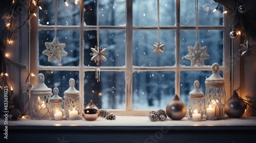 window sill Christmas decorated with strings of twinkling lights and hanging snowflake ornaments