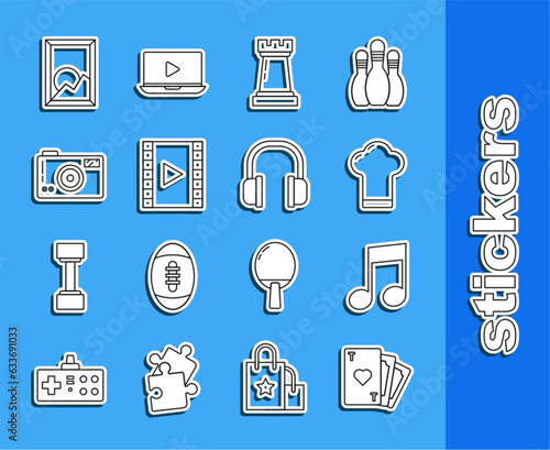 Set line Playing card with heart symbol, Music note, tone, Chef hat, Chess, Video, Photo camera, Picture landscape and Headphones icon. Vector