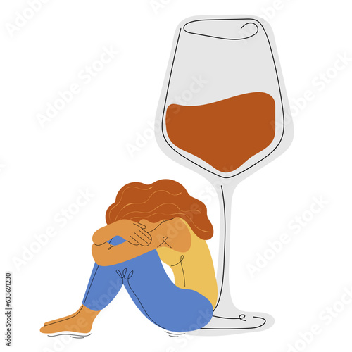 Female Alcohol addiction. Depressed woman suffering from alcoholism. Unhappy woman sitting near wine glass. Vector illustration