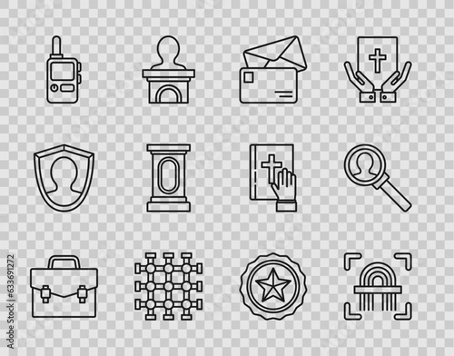 Set line Briefcase, Fingerprint, Envelope, Prison window, Walkie talkie, Stage stand or debate podium rostrum, Police badge and Magnifying glass for search icon. Vector
