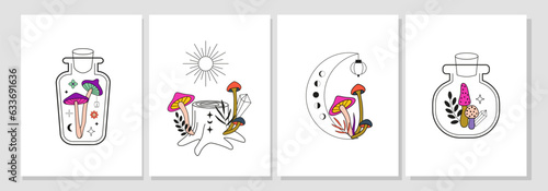 Set of cute magic mushrooms posters. Psychedelic trippy celestial mushrooms. Mushrooms on moon. Magical vessels. Abstract background, banner, cover. Retro vintage autumn, fall. 