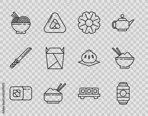 Set line Sushi, Japanese paper lantern, Flower, Rice in bowl with chopstick, Asian noodles and chopsticks, Rstaurant opened take out box filled, on cutting board and icon. Vector