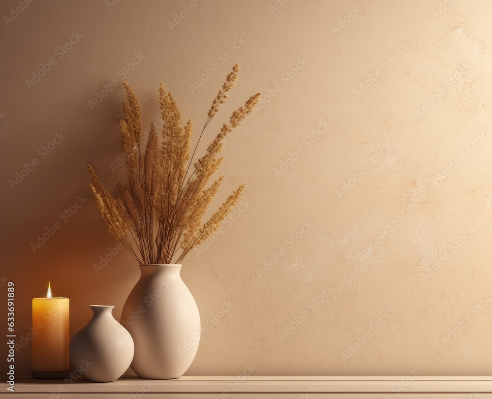 Composition of white ceramic vase with bouquet of dry spikelets, golden photo frame with dried flower, candles on wooden table on pastel beige background. Created with Generative AI technology.
