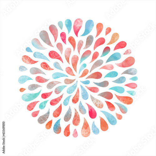 Colorful watercolor drops circle shape, round creative autumn background. Radial colourful hand drawn illustration made of watercolour droplets, paint splashes, splatter. Text frame aquarelle template