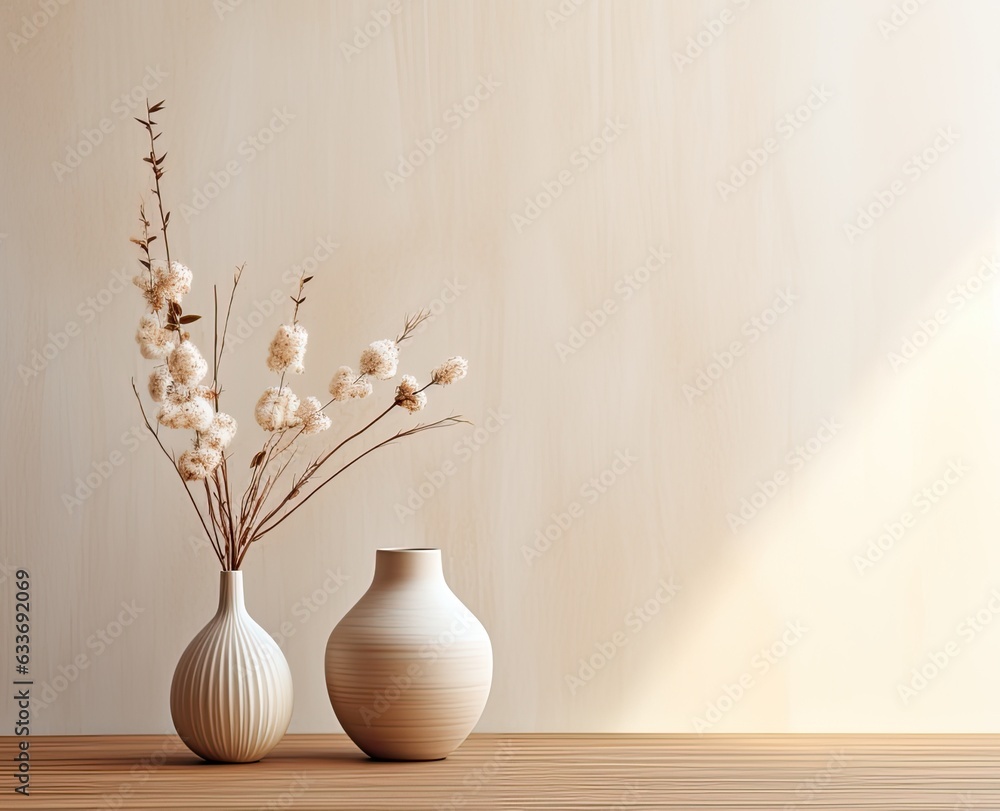 Composition of white ceramic vase with bouquet of dry spikelets, golden photo frame with dried flower, candles on wooden table on pastel beige background. Created with Generative AI technology. Composition of white ceramic vase with bouquet of dry spikelets, golden photo frame with dried flower, candles on wooden table on pastel beige background. Created with Generative AI technology.