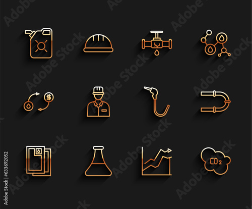 Set line Barrel oil, Oil petrol test tube, Canister for motor, price increase, CO2 emissions cloud, Oilman, Industry pipe and Gasoline pump nozzle icon. Vector
