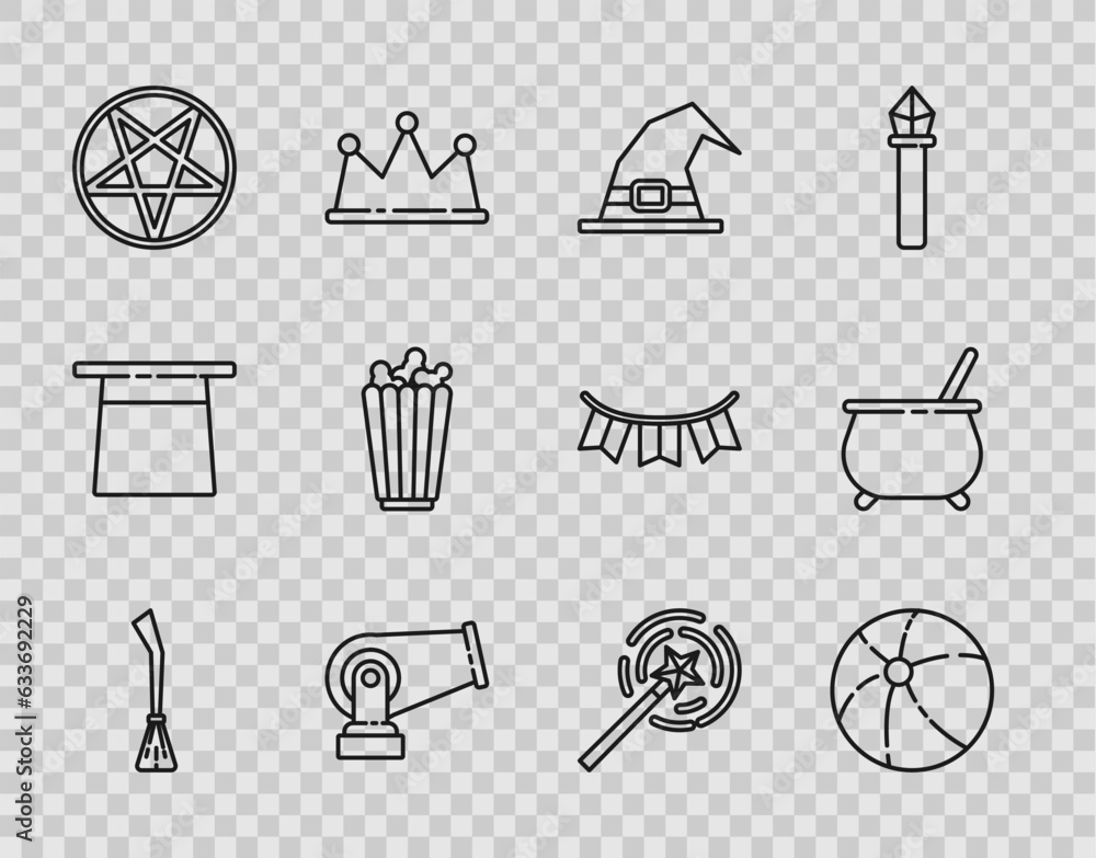 Set line Witches broom, Beach ball, hat, Cannon, Pentagram in circle, Popcorn box, Magic wand and cauldron icon. Vector Set line Witches broom, Beach ball, hat, Cannon, Pentagram in circle, Popcorn box, Magic wand and cauldron icon. Vector