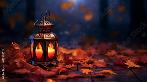 Lanterne sur planche de bois couverte de feuilles mortes, arrière-plan de flou, décor pour Halloween. Ambiance automnale et effrayante. Décoration pour conception, création graphique. 