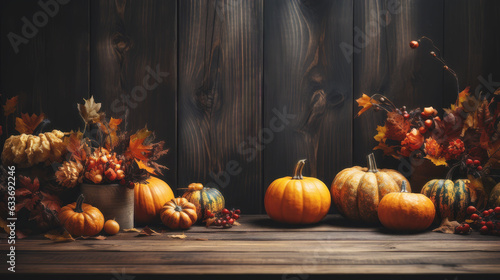 Thanksgiving background with pumpkins and autumn leaves. Generative AI