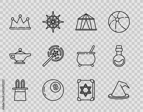 Set line Magician hat and rabbit ears, Witch, Circus tent, ball of predictions, Crown, wand, Ancient magic book and Bottle with love potion icon. Vector
