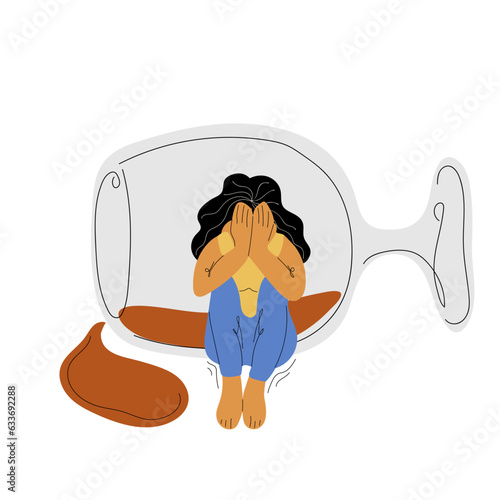 Female Alcohol addiction. Depressed woman suffering from alcoholism. Unhappy woman sitting near wine glass. Vector illustration