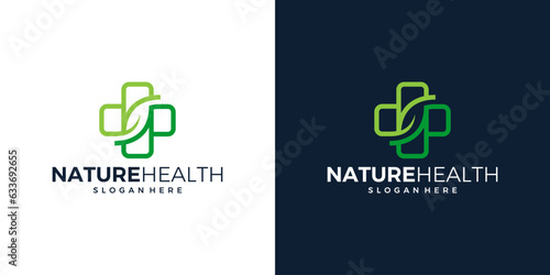 Medical pharmacy logo design template. Cross symbols with nature leaf design graphic vector illustration. Symbol, icon, creative.
