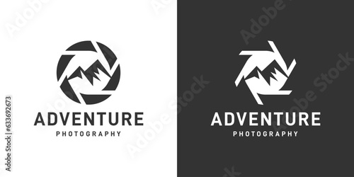 Landscape Photography logo design template. Lens camera logo with mountain peak design graphic vector illustration. Symbol, icon, creative.