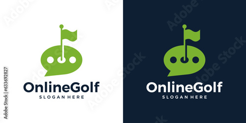Online golf logo design template. chat bubble with golf flag design graphic vector illustration. Symbol, icon, creative.