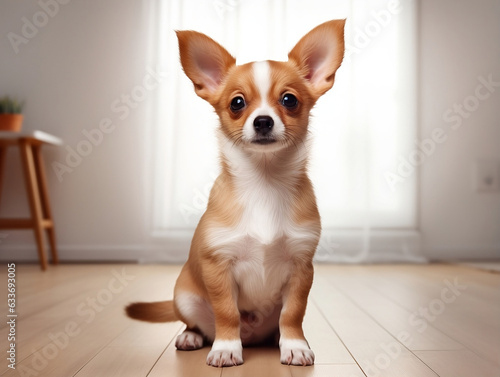 Chihuahua puppy sitting on the floor. Generative AI.