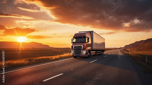 Container shipping truck on the road. Transportation, Logistics, and Freight Operations. Ai generative.