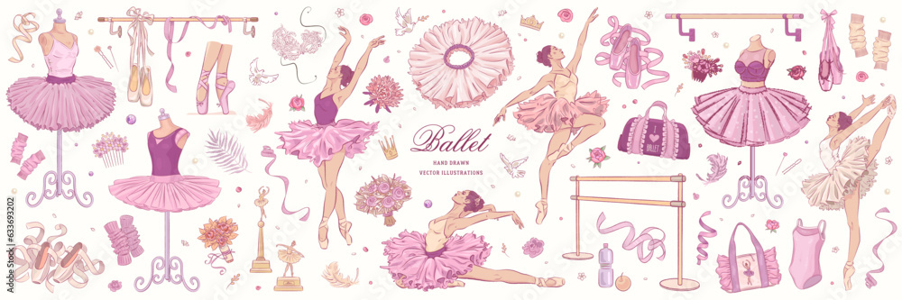 Hand drawn sketch ballet set. Vector illustration of ballerina and ballet studio elements isolated on background - obrazy, fototapety, plakaty 