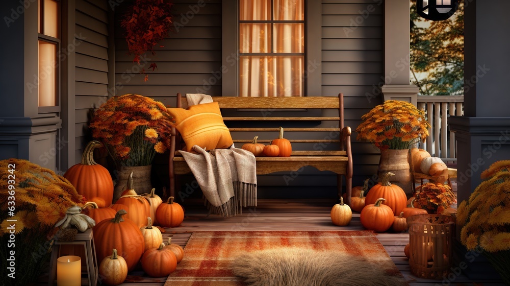  a porch filled with lots of pumpkins and a bench.  generative ai - obrazy, fototapety, plakaty 