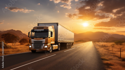 Container shipping truck on the road. Transportation, Logistics, and Freight Operations. Ai generative.