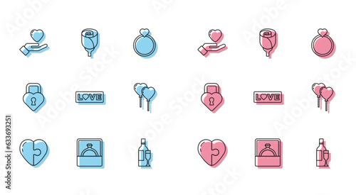 Set line Heart, Diamond engagement ring, hand, Champagne bottle, Love text, Balloons form of heart, Castle the shape and Flower rose icon. Vector