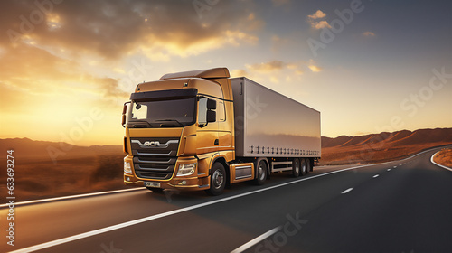 Container shipping truck on the road. Transportation  Logistics   and Freight Operations. Ai generative.