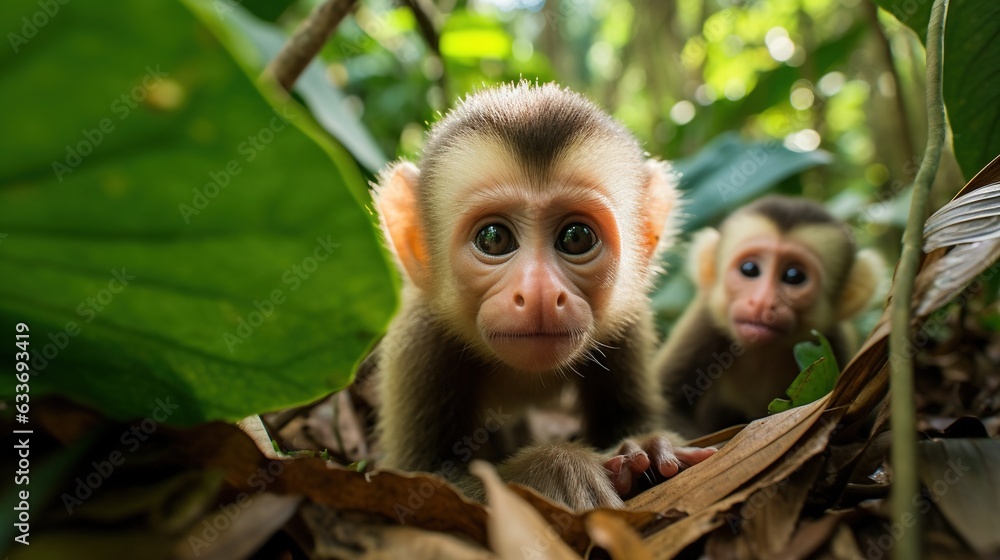 a couple of monkeys sitting on top of a lush green forest. generative ai a couple of monkeys sitting on top of a lush green forest. generative ai