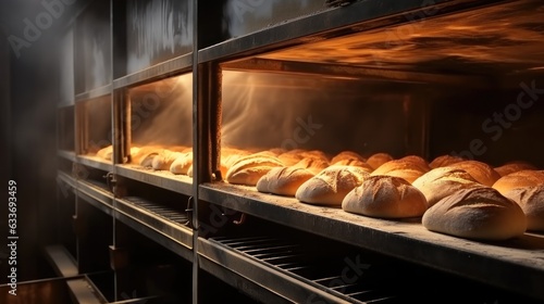 Bread being baked in industrial sized oven.