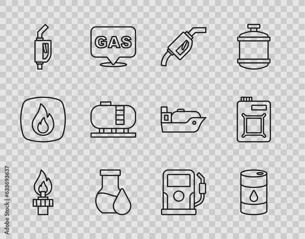 Set line Oil rig with fire, Barrel oil, Gasoline pump nozzle, petrol test tube, tank storage, Petrol gas station and Canister for motor icon. Vector Set line Oil rig with fire, Barrel oil, Gasoline pump nozzle, petrol test tube, tank storage, Petrol gas station and Canister for motor icon. Vector